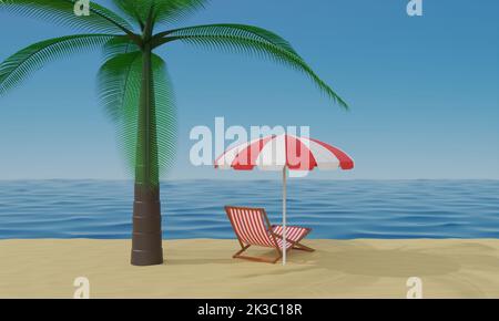 Farbenfroher Sonnenschirm und Strandstuhl mit Palmen am Strand im Sommer.3D Rendering. Stockfoto