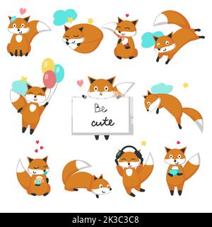 Niedliches Fuchs Icon Set für Grußkarte, Einladung, Poster, Aufkleber, Print. Vektor isolierte Illustration von lustigen Füchsen sitzen schlafen, springen, fliegen Stock Vektor