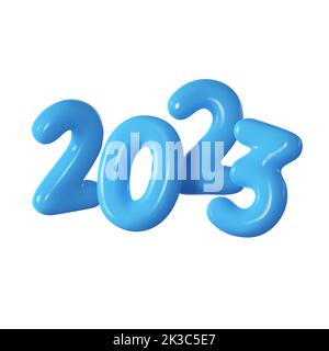 Frohes Neues Jahr 2023. Blaue Zahl aus Kunststoff in Form von Ballons, isoliert auf weißem Hintergrund. Realistisches 3D Render. Vektorgrafik Stock Vektor