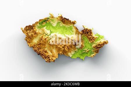 Eine 3D-Darstellung der tschechischen Landkarte Relief isoliert auf weißem Hintergrund Stockfoto