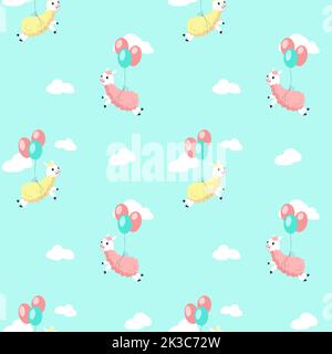 Niedliche Alpakas fliegen auf Luftballons Vektor nahtloses Muster. Kreatives Design für Stoff, Textil, Tapete, Geschenkpapier. Stock Vektor