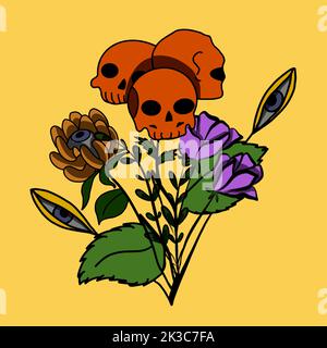 Herbarium von Schädeln und gruseligen Blumen halloween-Illustration Stock Vektor