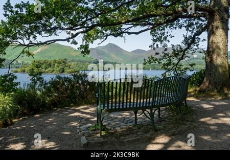 Sitzbank mit Blick über Derwentwater in Richtung Catbells und Causey Pike im Sommer in der Nähe des Keswick Lake District National Park Cumbria England Stockfoto