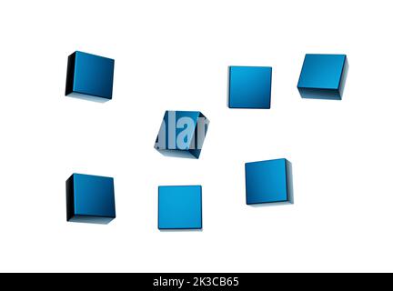 Das 3D-Rendering von schwebenden blauen, glänzenden Würfeln auf weißem Hintergrund. Stockfoto