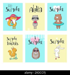 Sommerkartensatz, Vektorgrafik von Hand gezeichnet. Hallo Sommer, aloha, Ich liebe Sommer, Sommerferien Kalligraphie mit niedlichen Tieren Eichhörnchen, Igel, Stock Vektor