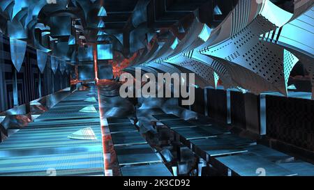 Eine 3D-Darstellung eines futuristischen Metall-Sci-Fi-Korridor-Tunnels Stockfoto