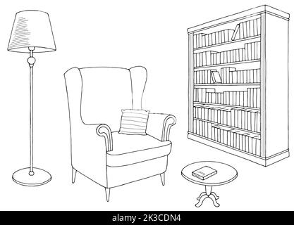 Bibliothek Innengrafik schwarz weiß Skizze isoliert Illustration Vektor Stock Vektor
