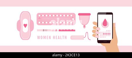 Frauen Gesundheit Empfängnisverhütung und Hygieneprodukte Infografik Stock Vektor