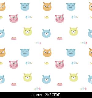Lustige Katzen Vektor nahtloses Muster. Kreatives Design für Stoff, Textil, Tapete, Geschenkpapier mit Katzenköpfen, Tierfutter, Fisch. Stock Vektor