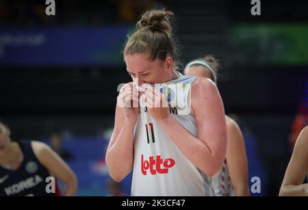 Die belgische Emma Meesseman sieht bei einem Spiel zwischen den belgischen Katzen und Korea am Freitag, dem 23. September 2022, in Sydney, Australien, niedergeschlagen aus, dem zweiten Spiel der Katzen in der Gruppe A bei der FIBA Women's Basketball World Cup. Die Ausgabe 19. der FIBA Women's Basketball World Cup 2022 findet vom 22. September bis 01. Oktober in Sydney, Australien, statt. BELGA FOTO VIRGINIE LEFOUR Stockfoto