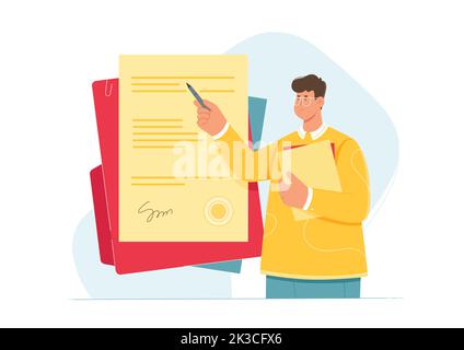 Unterschrift für die Vektordarstellung von Verträgen, Lizenzen oder Verträgen. Cartoon winziger Mann hält Stift zu unterzeichnen und zu genehmigen offiziellen legalen Papier Dokument des Geschäfts, Versicherungsformular in Notar Stock Vektor