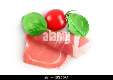 Italienischer Prosciutto Crudo oder spanischer Jamon. Roher Schinken isoliert auf weißem Hintergrund mit voller Schärfentiefe. Draufsicht. Flach liegend. Stockfoto