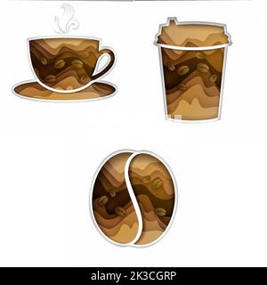 Papiergeschnittener Kaffeesatz. Vektordarstellung von Kaffeetasse, Einweg-Tasse und Kaffeebohne isoliert auf weißem Hintergrund. Stock Vektor