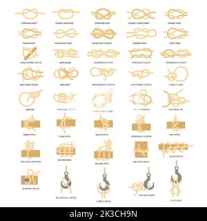 Symbolsatz für nautische Knoten. Segelseil Knoten Vektor flachen Stil Design Illustration isoliert auf weißem Hintergrund. Stock Vektor