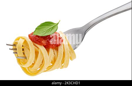 Italienische Spaghetti auf Gabel isoliert auf weißem Hintergrund Stockfoto