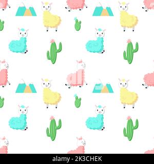 Niedliche Alpaka mit Kaktus Vektor nahtloses Muster. Kreatives Design für Stoff, Textil, Tapete, Geschenkpapier. Stock Vektor