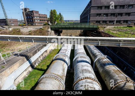 Niederwartha pumpte die Lageranlage, die Penstocks vom oberen Reservoir zum Kraftwerk im unteren Reservoir Stockfoto