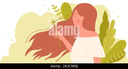 Mädchen weht Dandelion Vektor Illustration. Cartoon junge Frau mit niedlichem Gesicht und langen Haaren winken im Wind, hält Blume zu blasen und genießen Sie die Freiheit und Frühling in der Luft, Flusen Pflanzen Samen fliegen Stock Vektor