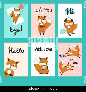 Valentinstag Grußkarten. Vektor-Vorlage mit niedlichen Füchsen in der Liebe, Herzen, Blumen, Luftballons, handgeschriebener Text gesetzt. Stock Vektor