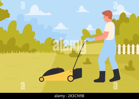 Vektordarstellung „Wartung im Landschaftsbau“. Cartoon Mann zu Fuß mit Rasenmäher zu schneiden und Pflege Gras von Rasen, Sommergarten oder Hinterhof, professionelles Mähen mit elektrischen Geräten Hintergrund Stock Vektor