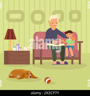 Vektordarstellung von Großvater und Enkel, die zusammen Buch lesen, während sie auf dem Sofa sitzen und Hund auf dem Teppich im Wohnzimmer liegen. Flacher Stil des Stock Vektor