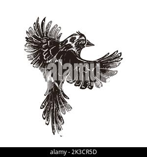 Niedlicher fliegender Vogel im Linolschnitt-Retro-Stil, Vintage-Silhouette des Vogels isoliert auf Weiß Stock Vektor