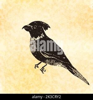 Papagei im Linolschnitt-Retro-Stil, Silhouette eines Vogels auf altem Papier Stock Vektor