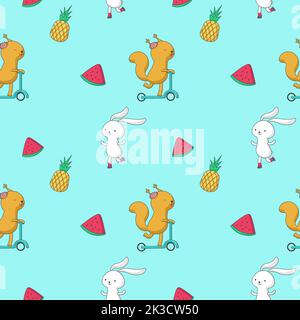 Sommerliches Nahtmuster. Vektor handgezeichnete Tiere Hase, Eichhörnchen und Früchte Ananas und Scheibe Wassermelone. Stock Vektor