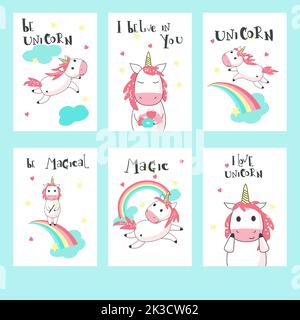 Magische Einhorn-Karten. Vektorgrafik handgezeichnete Illustration. Gruß, Einladungskarten Vorlagen für Kinder mit romantischem Fabelwesen Einhorn, Regenbögen, c Stock Vektor