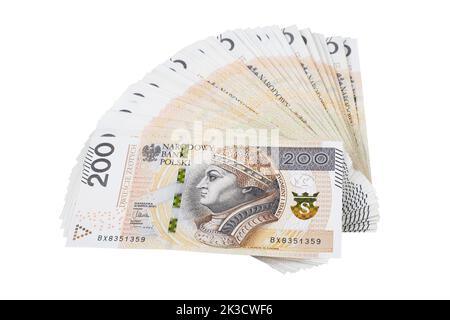 Bundle polnischer 200 Zloty-Banknoten. Isoliert auf Weiß. Beschneidungspfad enthalten. Stockfoto