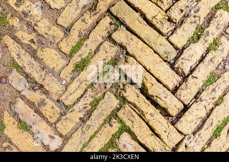 Außenböden im Garten mit Natursteinboden mit tiefem Fugen mit gekeimtem Gras und Moos.Struktur des Steinweges in Fischgrätmuster gelegt Stockfoto