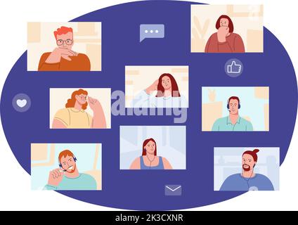 Online-Videokonferenzen oder Chats. Digitale Anrufe im Unternehmen, Remote-Meetings für Mitarbeiter im Büro. Freiberufliche Kollegen, Interview oder Internet-Live-Streaming Stock Vektor