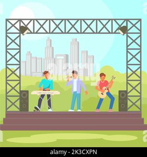 Vektor-Illustration von Musikern Keyboarder, Gitarrist und Sänger auf der Freiluft-Konzertbühne. Open-Air-Konzert, Musikfestival Konzept flach Stock Vektor