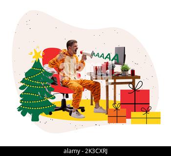 Junger Mann in wundervoller Kostümierung, der zu Hause ein Megaphon anruft. Farbenfroher Minimalismus. Frohe Weihnachten, Neujahr Stockfoto