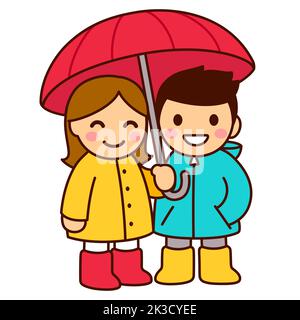 Cute Cartoon Zeichnung von Jungen und Mädchen mit Regenschirm. Zwei Kawaii-Kinder in Regenmänteln und Regenstiefeln. Isolierte Vektor-Clip-Art-Illustration. Stock Vektor