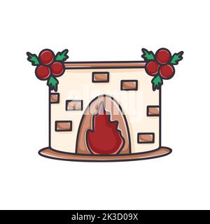 Kamin mit Feuer mit Kugeln und Tannenzweigen Cartoon Cliparts dekoriert. Weihnachtsherde am Silvesterabend isolierte Vektorgrafik Stock Vektor