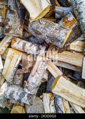 Hintergrund mit Holz – Birkenstücke – Brennholz Stockfoto