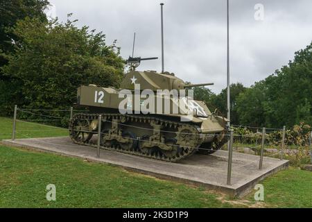 Amerikanischer Panzer Stuart im World war 2 Museum of Dead man's Corner in Saint Come du Mont, Frankreich Stockfoto