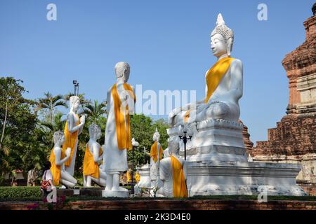 Wunderschöne Szene des Wat Yai Chai Mongkhon (oder Mongkhol), einem buddhistischen Tempel in Ayutthaya, Thailand. Statuen von weißen Mönchen, die mit Buddha beten. Stockfoto