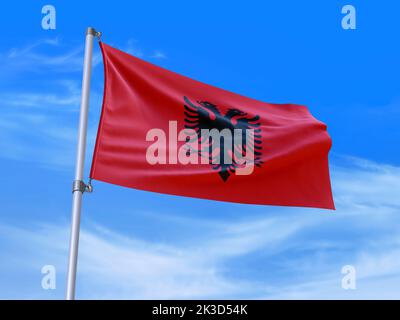 Schöne Albanien Flagge winkt mit Himmel Hintergrund - 3D Abbildung - 3D Rendern Stockfoto