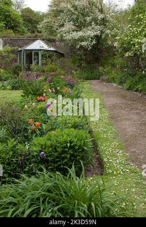 DEVON; HARTLAND ABBEY UMMAUERTER GARTEN UND SOMMERHAUS: BLUMENGRENZE Stockfoto