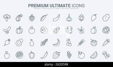 Symbole für dünne Linien von Obst und Gemüse setzen Vektorgrafik. Skizzieren Sie gesunde Bio-Lebensmittel für eine gesunde Ernährung, frischen Apfel und Orange, Banane und Kirsche Beere, Karotten und Kartoffeln zum Kochen Stock Vektor