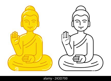 Buddha-Statue mit erhobener Hand, einfache geometrische Ikone. Goldene Farbe und schwarz-weiße Linienkunst. Buddhismus Religion Symbol. Stock Vektor