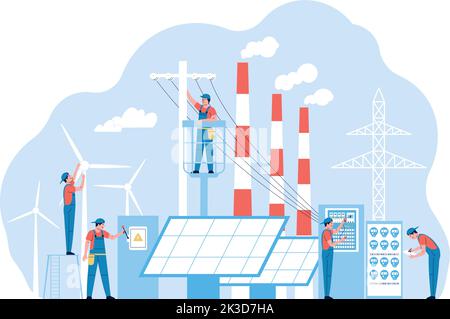 Team Strom Energie Wartung, Techniker Ingenieur arbeiten mit Solarzellen und Energieobjekte. Energieanlagen erzeugen, kürzlich Servicetechnik Stock Vektor