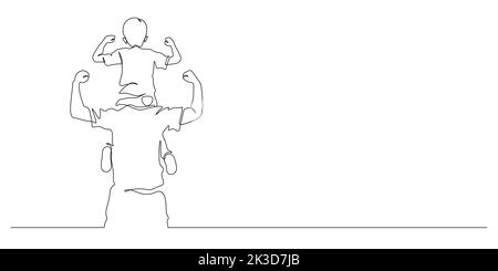 Vater und Sohn auf seinen Schultern Huckepack mit Arm angehoben gesunde Pose Vektor-Illustration. Fortlaufende Linienzeichnung Stock Vektor