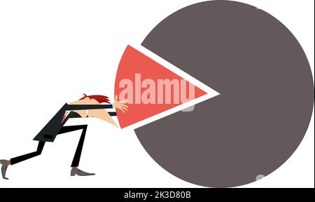Business Person – das letzte Stück des Marktanteils – Tortendiagramm. Ein Geschäftsmann, der ein letztes Stück an seinen Platz schiebt, um ein Erfolgsdiagramm für den Marktanteil zu erstellen Stock Vektor