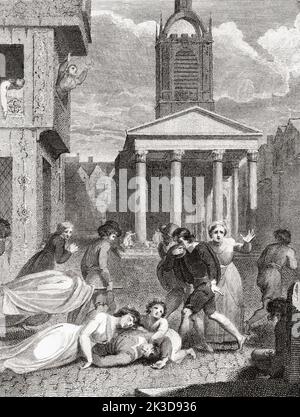 Die tödliche Wirkung der Pest von 1665. Nach einem Stich des englischen Künstlers Robert Smirke. Zahlen deuten darauf hin, dass in den 18 Monaten, in denen die Pest in der Hauptstadt wütete, bis zu 100.000 Menschen - ein Viertel der Londoner Bevölkerung - starben. Stockfoto
