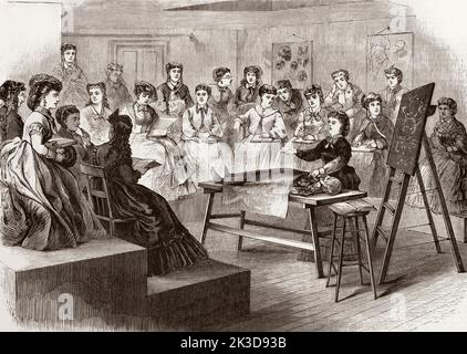 Studentinnen nehmen an einem Vortrag im Anatomical Lecture Room des Medical College for Women in der East Twelfth Street und Second Avenue, New York, USA, Teil. Nach einer Illustration aus einer Ausgabe von Frank Leslie's Illustrated Newspaper aus dem Jahr 1870. Stockfoto