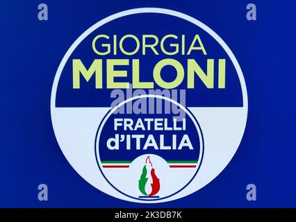 Rom, Italien. 26. September 2022. Das Logo des Wahlkampfs von Giorgia Meloni ist im September 26 2022 in Rom, Italien, zu sehen. (Foto: Elisa Gestri/SIPA USA) Quelle: SIPA USA/Alamy Live News Stockfoto