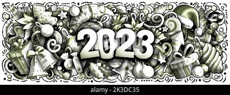 2023 Kritzeleien horizontale Abbildung. Neujahrs-Objekte und Elemente-Poster Stock Vektor
